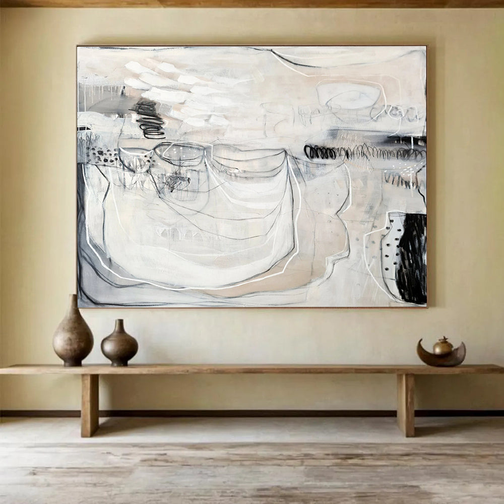 Monochrome Abstract with Linear Details “Ethereal Monochrome” Painting On Canvas DKH074