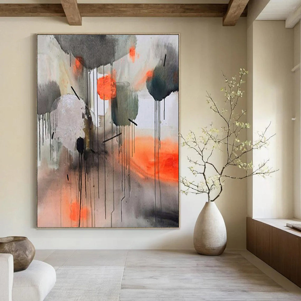 “Gray, Orange, Ink Dripping Abstraction” – Abstract Expressionist Painting CT1005