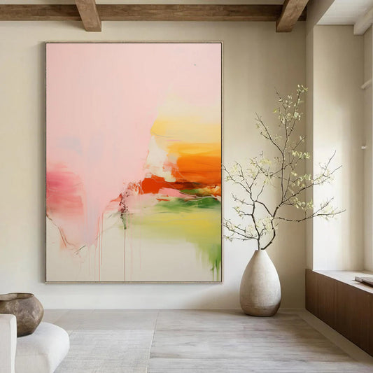 “Pink, Orange & Green Fluid Abstract Drip” Painting On Canvas DKH0991