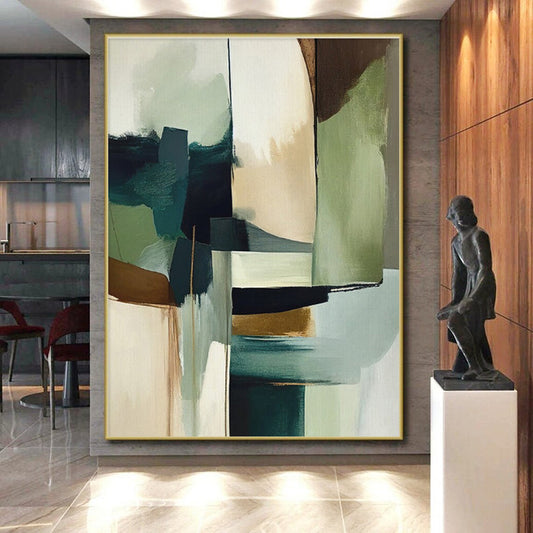 Muted Green, Blue & Brown Shapes, “Nature’s Balance” - Abstract Geometric Acrylic Painting CT0757