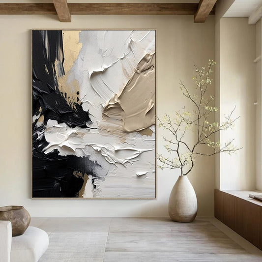 “Black, White & Gold Textured Drama” - Black, White, Gold & Gray Impasto Painting On Canvas DKH1025