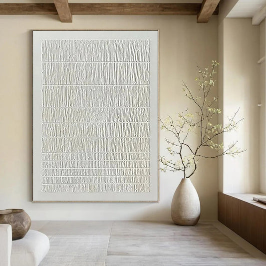 “White Textured Stripes - Minimalist Rhythm” Painting On Canvas DKH1129
