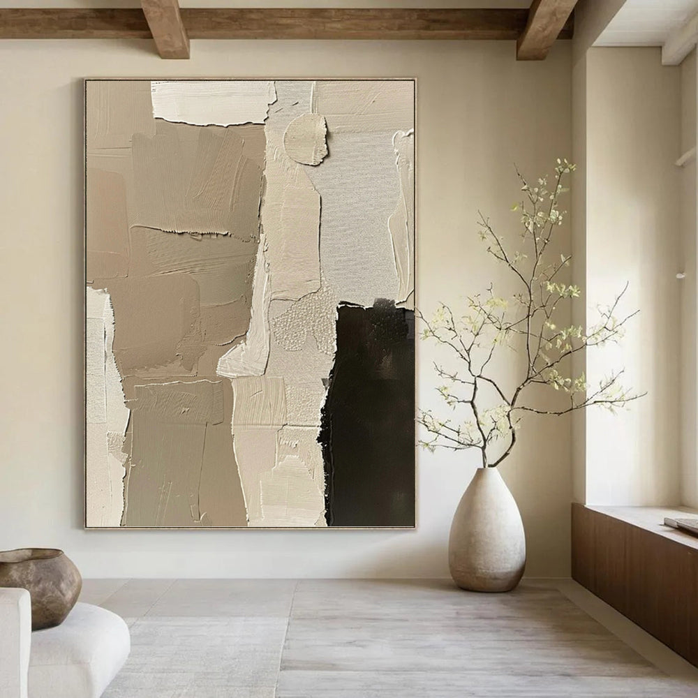 “Neutral Patchwork” - Beige & Black Layered Textures Painting On Canvas DKH1161