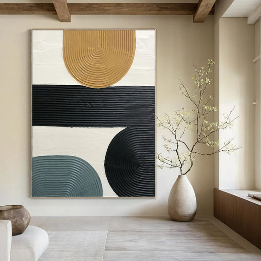 “Neutral Geometric Ribbons” - Black, Tan & Blue Textured Shapes Painting On Canvas DKH1177