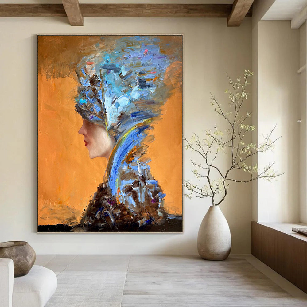 “Orange, Blue, Brown Textured Portrait ‘Eccentric Elegance’” - Impasto Figurative Painting On Canvas DTP348