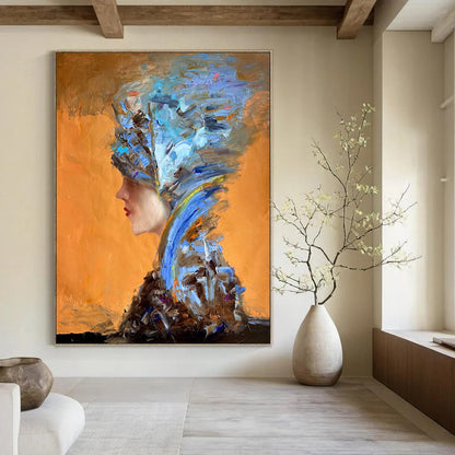 “Orange, Blue, Brown Textured Portrait ‘Eccentric Elegance’” - Impasto Figurative Painting On Canvas DTP348