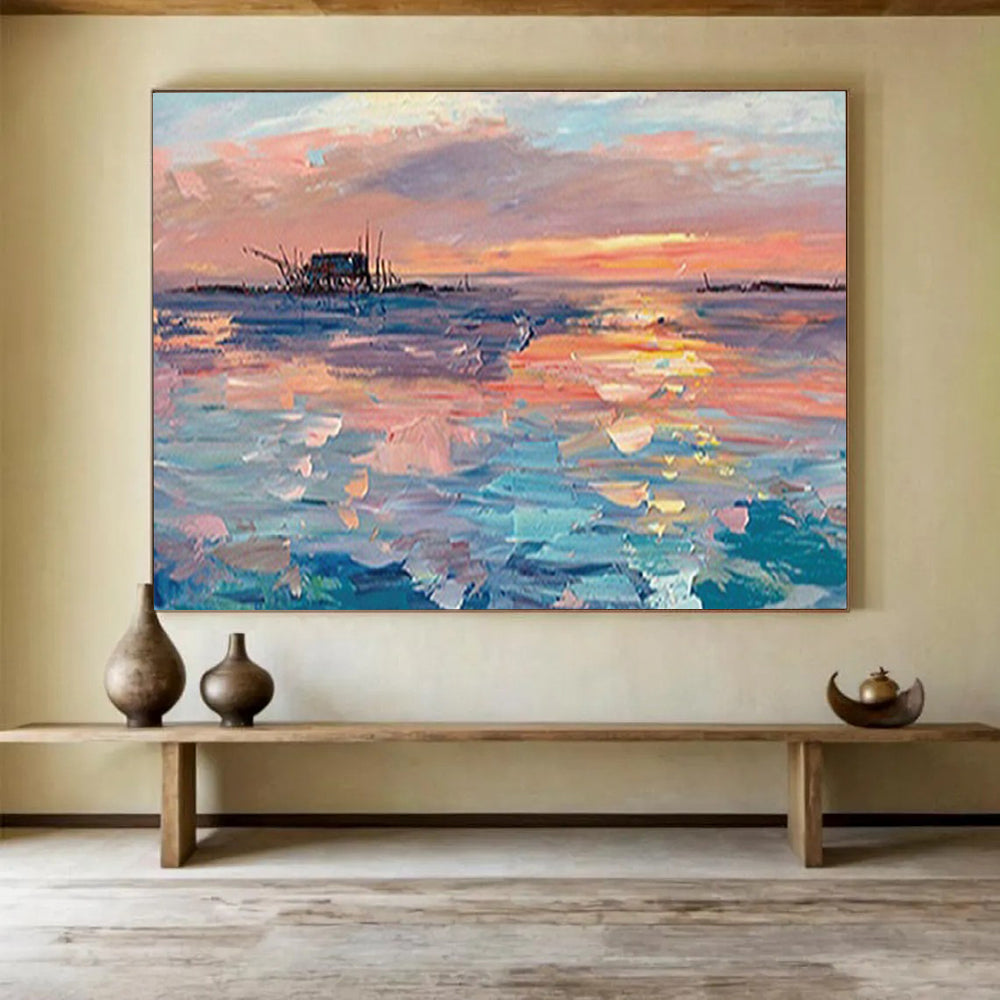 Sunset Over the Fishing Village - Impressionist Seascape Painting On Canvas DLZ205