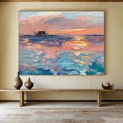 Sunset Over the Fishing Village - Impressionist Seascape Painting On Canvas DLZ205