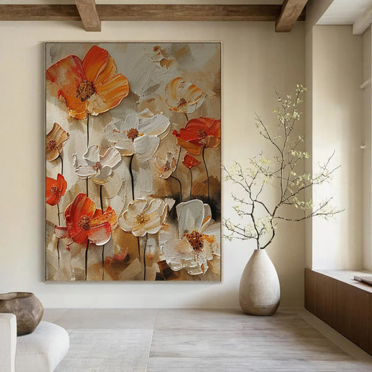 Orange and White Floral Relief - Impasto Flower Painting On Canvas DKH1399