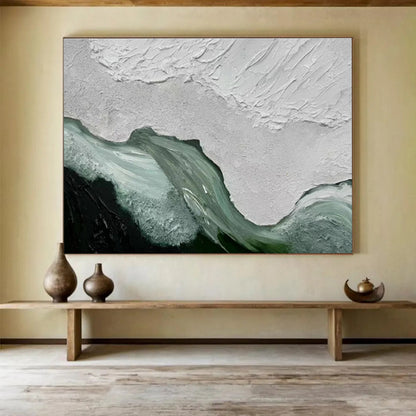 “Textured White & Teal Waves” - White, Teal, Green Impasto Abstract Painting On Canvas DKH744