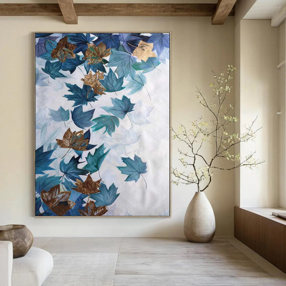 “Teal Leaves with Golden Accents” – Botanical Acrylic Painting CT2078