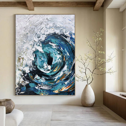 Turquoise and White Swirling Wave - Abstract Impasto Painting On Canvas DKH1295