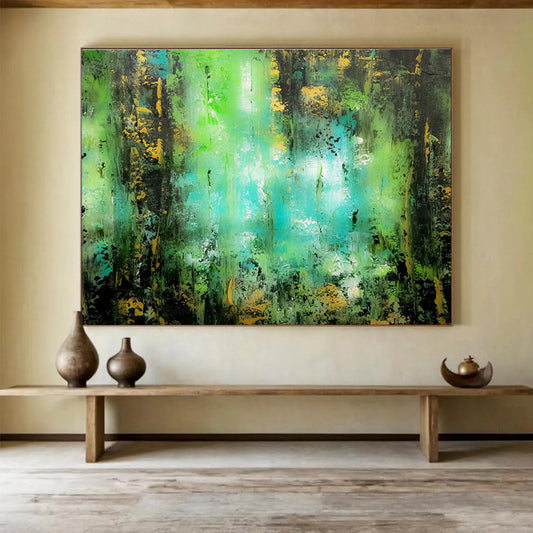 “Emerald & Gold Forest Whispers” - Green, Blue & Yellow Abstract Landscape Painting On Canvas DKH921