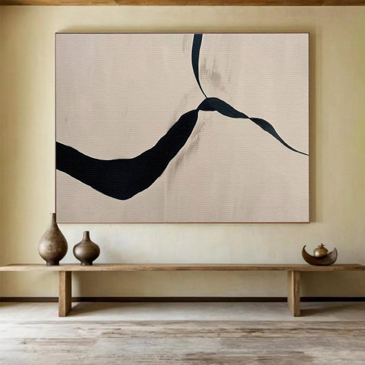 Flowing Black Ribbons in Beige and Black, Abstract Calligraphic - Style Painting On Canvas DKH589