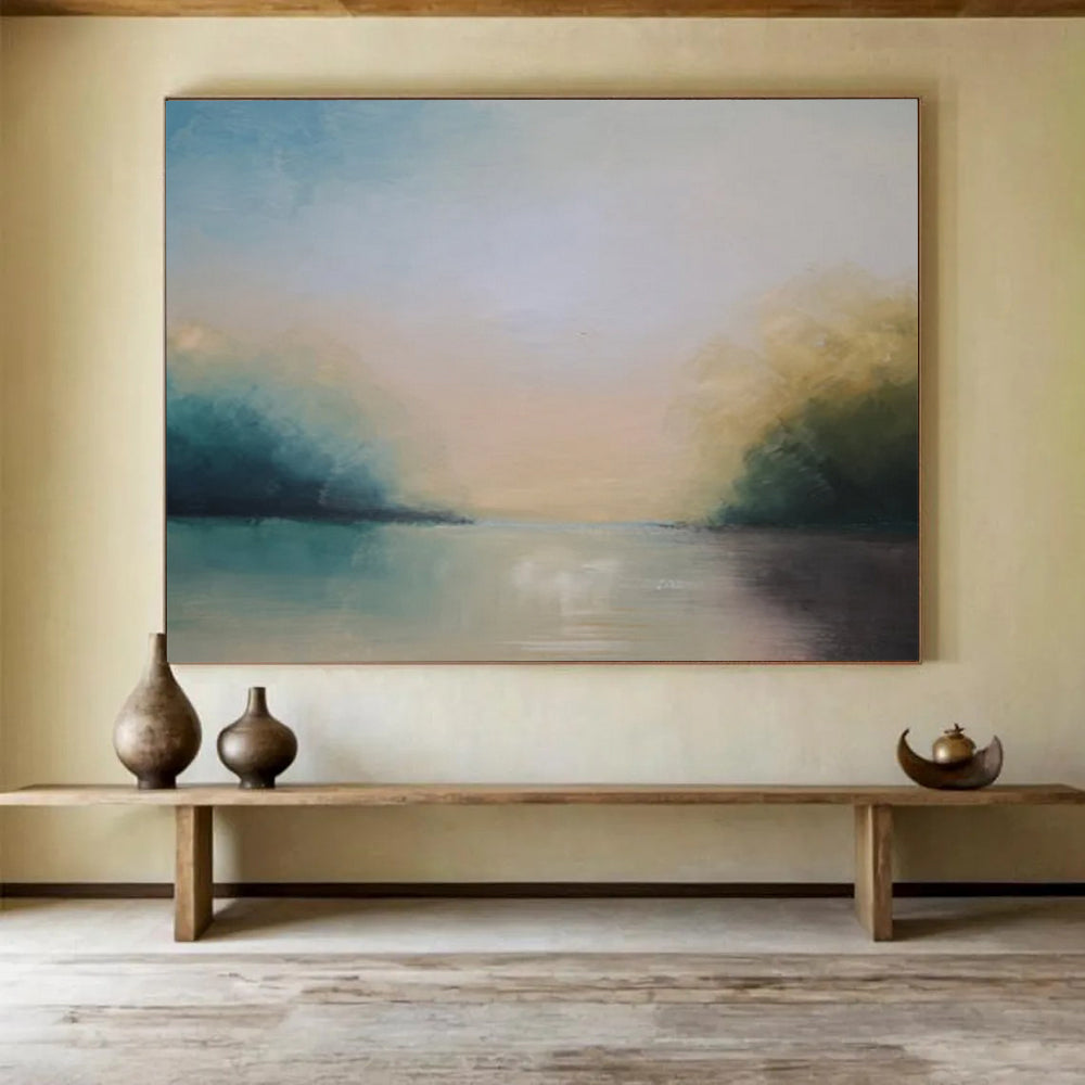 “Blue, Green, Soft - Toned ‘Tranquil River’” - Abstract Landscape Painting On Canvas DLZ014