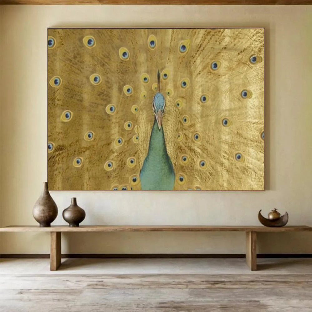 “Golden Peacock Display” - Gold, Blue, Green Realistic Bird Painting On Canvas DKH740
