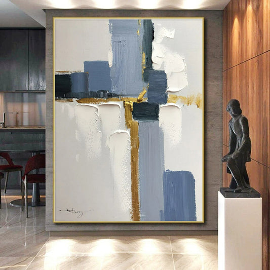 “Blue - White - Gold Geometric Abstraction” ，Abstract Acrylic Painting CT0805