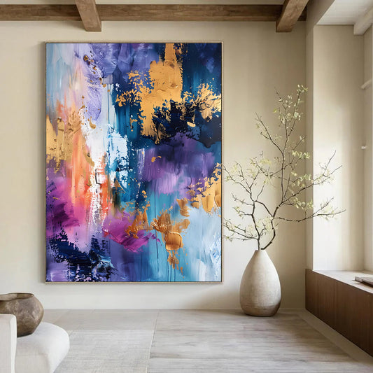“Purple - Blue Gold Splatter” - Purple, Blue, Gold Abstract Splatter Painting On Canvas DTP282