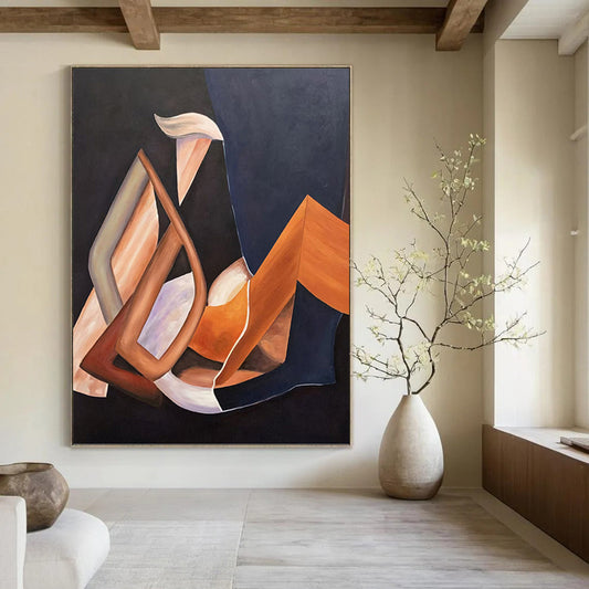 “Warm Geometric Abstraction” - Brown, Orange & Purple Cubist - Inspired Painting On Canvas DKH0927