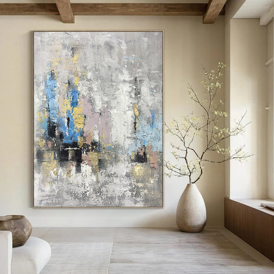 “Gray and Colorful Abstract City” - Gray, Blue, Yellow, Pink Abstract Painting On Canvas DTP248