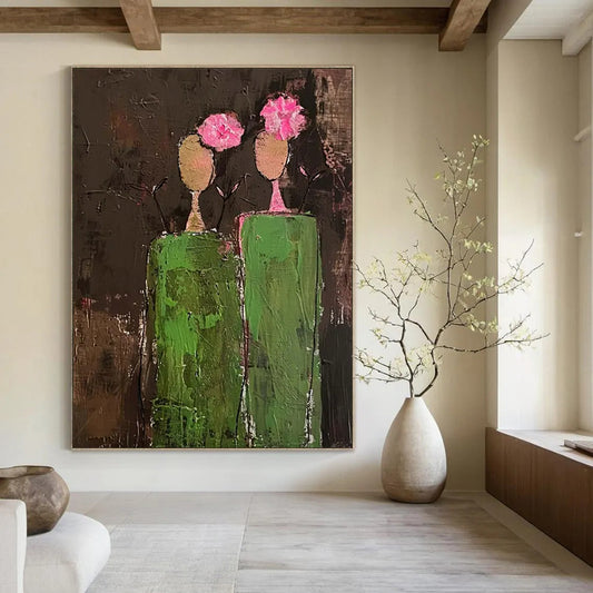 “Pink - Flowered Figure Abstract” - Naive Art - Inspired Painting On Canvas DTP080