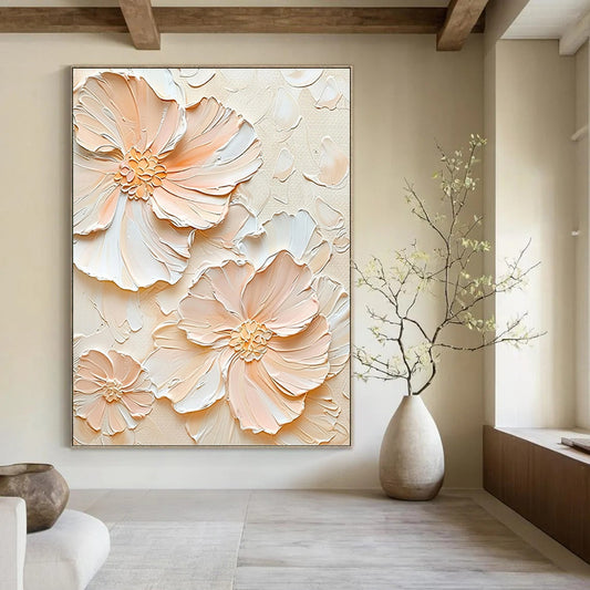 Peach - Colored Floral Relief - Impasto Flower Painting On Canvas DKH1389