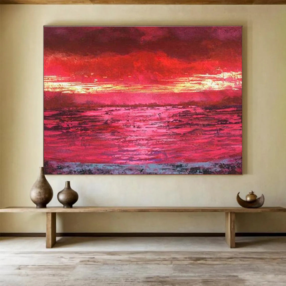 Red Sunset Over Water Painting On Canvas DKH191
