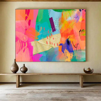 Vibrant Mixed - Media Abstract in Neon and Gold Painting On Canvas DKH199