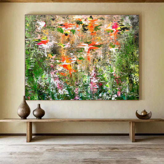 “Blossom Burst in Earthy Hues” - Green, Orange & Pink Floral Abstract Painting On Canvas DKH922