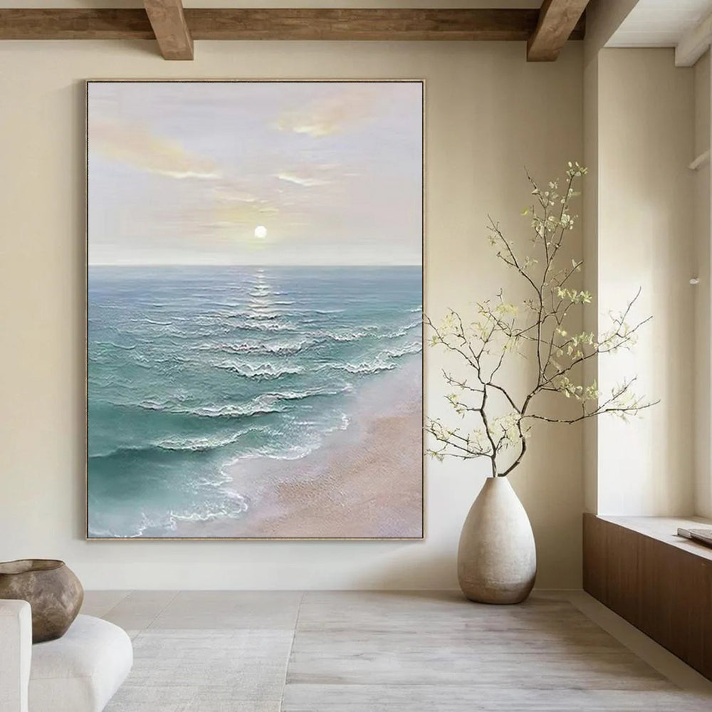 “Pastel, Blue, White Sunset Sea ‘Dreamy Dusk’” - Impasto Seaside Sunset Painting On Canvas DTP350