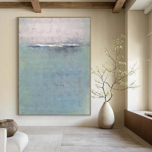 “Blue, Gray, Green Subtle Horizon ‘Quiet Calm’” - Impasto Abstract Landscape Painting On Canvas DTP354