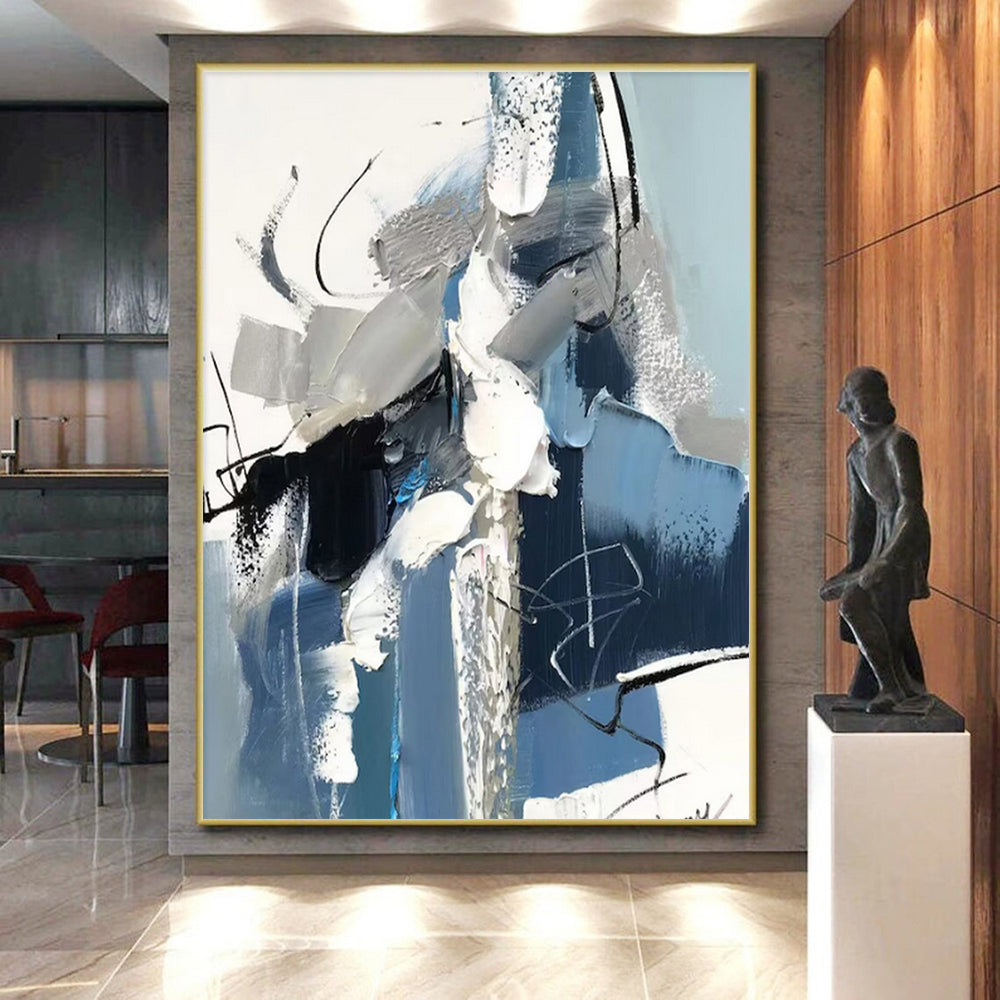 Blue, Gray & White Dynamic Shapes, “Urban Pulse” - Impasto Abstract Painting CT0771