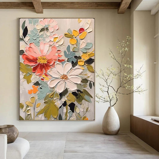 “Colorful Impasto Flower Medley” – Textured Floral Oil Painting On Canvas CT2128