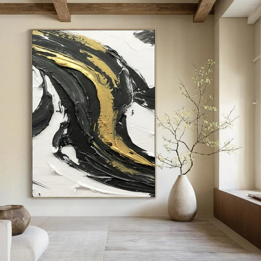 “Black, White, Gold Textured Swirls ‘Luxury Motion’” - Impasto Abstract Painting On Canvas DTP379