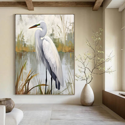 “Serene White Egret in Wetlands” – Realistic Bird Oil Painting On Canvas CT2127