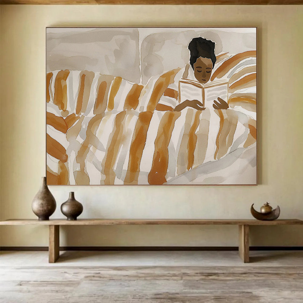 Woman Reading in Striped Bed Cozy Scene Painting On Canvas DKH230
