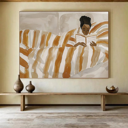 Woman Reading in Striped Bed Cozy Scene Painting On Canvas DKH230
