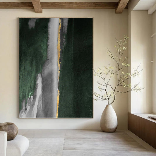 “Green, Gray & Gold Abstract Drips” - Green, Gray, Gold & Black Abstract Painting On Canvas DKH1203
