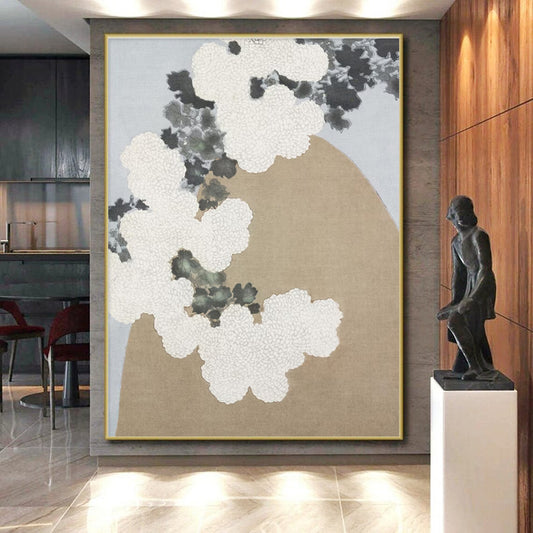 White Flowers & Gray Foliage on Beige, “Chrysanthemum Serenity” - Traditional - Inspired Acrylic Painting CT0750