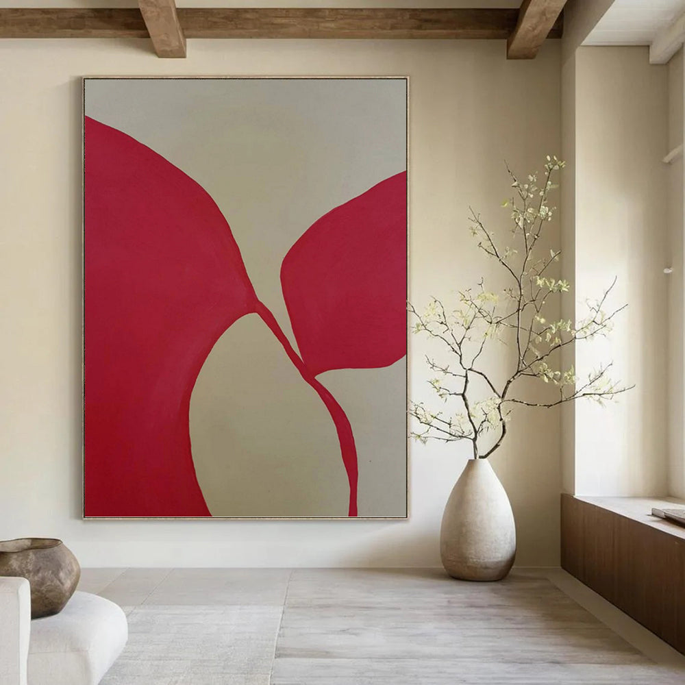 “Red Petal - like Forms on Light Background” - Minimalist Abstract Painting On Canvas DKH1080