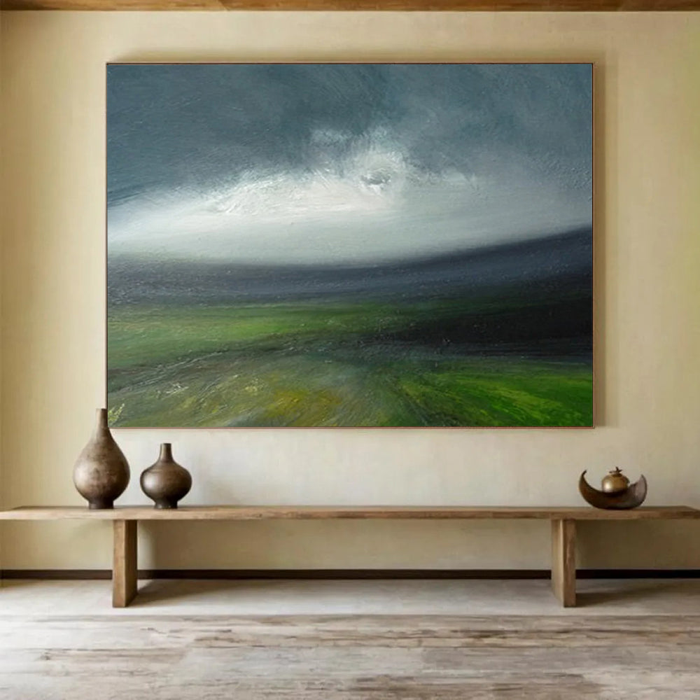 “Green, Gray, Stormy Field ‘Tempestuous Land’” - Impressionist Landscape Painting On Canvas DLZ029