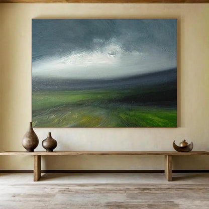 “Green, Gray, Stormy Field ‘Tempestuous Land’” - Impressionist Landscape Painting On Canvas DLZ029