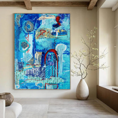 “Blue - Themed Abstract Collage” - Blue, Red, Gold Intricate Forms Painting On Canvas DTP296