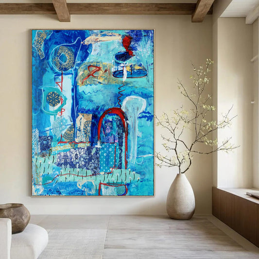 “Blue - Themed Abstract Collage” - Blue, Red, Gold Intricate Forms Painting On Canvas DTP296