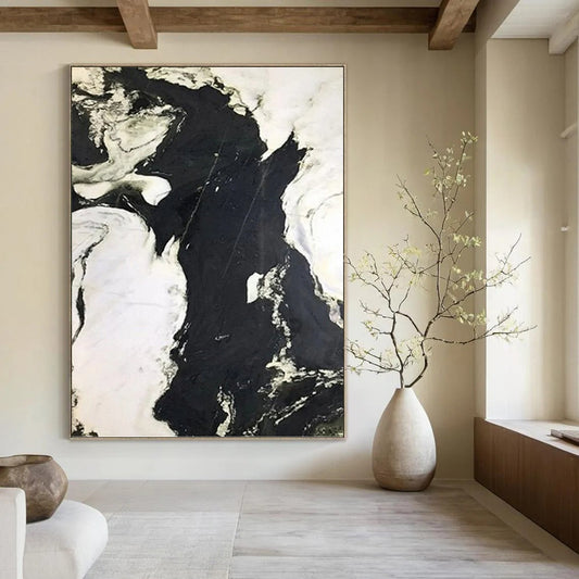 “Textured Black & White Impasto” - Monochromatic Textured Abstract Painting DKH1047