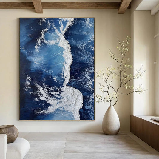 “Blue, White Textured Wave ‘Crashing Serenity’” - Impasto Sea Painting On Canvas DTP335