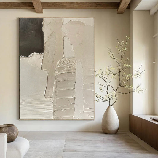 “White Fragmented Story” - White & Black Textured Shapes Painting On Canvas DKH1162