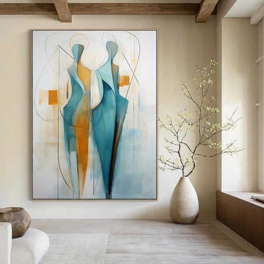 “Abstract Figures in Teal & Amber” - Modernist Figurative Acrylic on Canvas CT1888