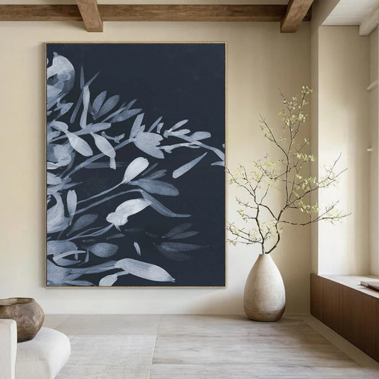 “Monochrome Floral Silhouette” - Dark Blue, Light Blue Floral Painting On Canvas DTP239