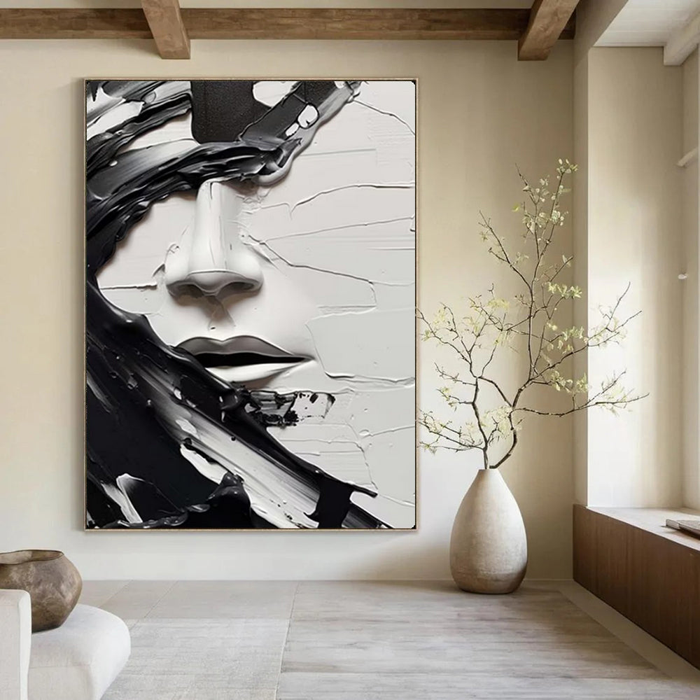 “Textured Black - and - White Face” – Abstract Impasto Portrait Painting On Canvas CT2134